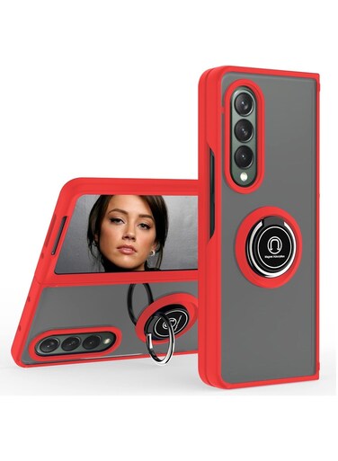 FOCUS Samsung Galaxy Z Fold 4 Case with Ring Holder Magnetic Metal Finger Grip Hybrid Folding Cover with Reinforced TPU Bumper Compatible with Galaxy Z Fold4 7.6 inch Red