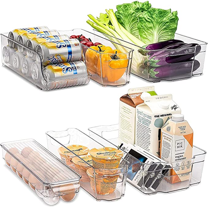 Set Of 6 Refrigerator Organizer Bins - Stackable Fridge Organizers for Freezer, Kitchen, Countertops, Cabinets - Clear Plastic Pantry Storage Racks