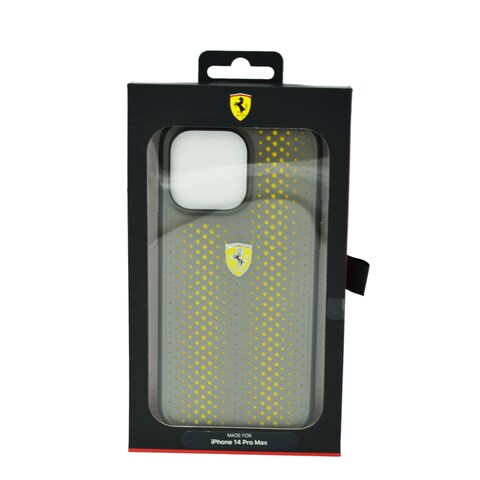 Ferrari Pu Leather Perforated Case With Nylon Base &amp; Yellow Shield Logo For Iphone 14 Pro Max Yellow