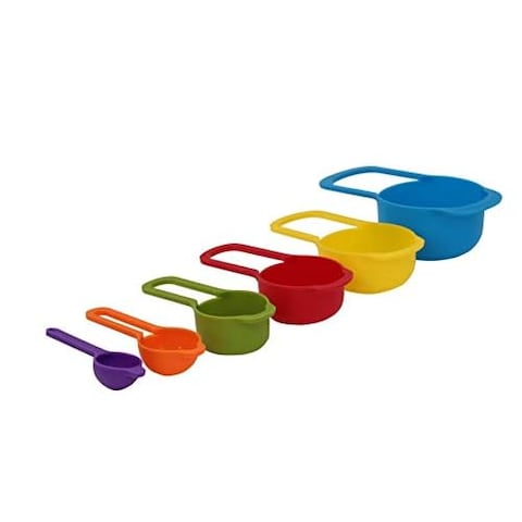 6 Pcs of Plastic Measuring Cups and Spoons Set. Stackable, Space Saving, Multi color Design.