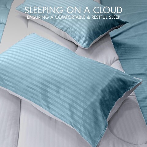 Hotel Linen Klub Reversible Down Alternative Comforter Set, Ultra Soft Brushed Stripe Microfiber Fabric, 200GSM Soft Fibersheet Filling, Size: Single 160 x 200cm, Aqua &amp; Light Grey