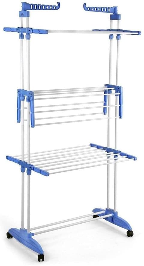 Three Tier Movable Foldable Steel Cloth Drying Stand with Wheels Laundry Rack Stand