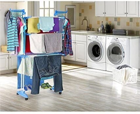 PEony 2 Poll Jumbo 3 Layer Clothes Hanger Rack, Cloth Drying Stand (Blue)
