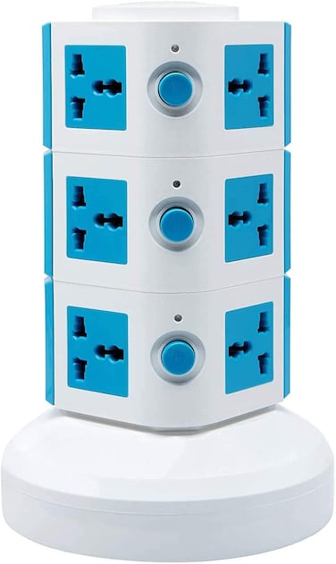 Ntech Universal Vertical Multi Socket 220V Tower Extension Outlet With USB Ports 3M Cord And Uk-Plug Power Strip Multi Charging Station (3 Layers Multi Plug With USB Port, Blue)