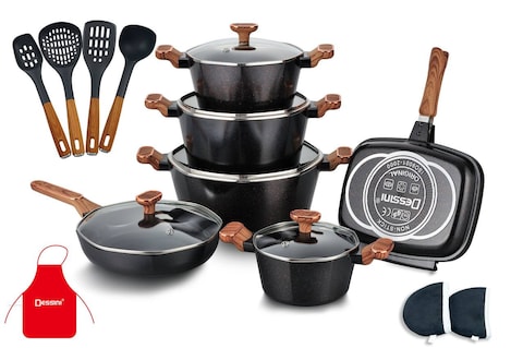 Dessini 19-Piece Non Stick Granite Cookware Set 20/24/28/32cm Casserole, 28cm Shallow Casserole, 32cm Double Fry Pan - PFOA Free