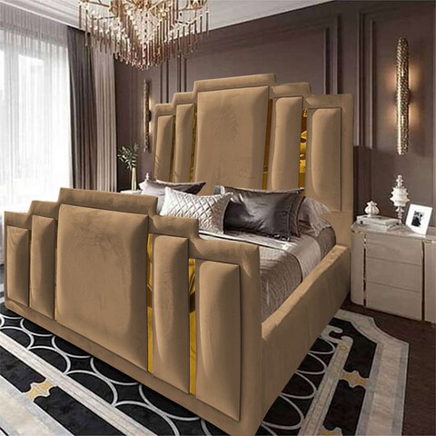 إن هاوس باريس هيكل سرير منجد بالمخمل - نفر ونص - 200×140 سم - بيج