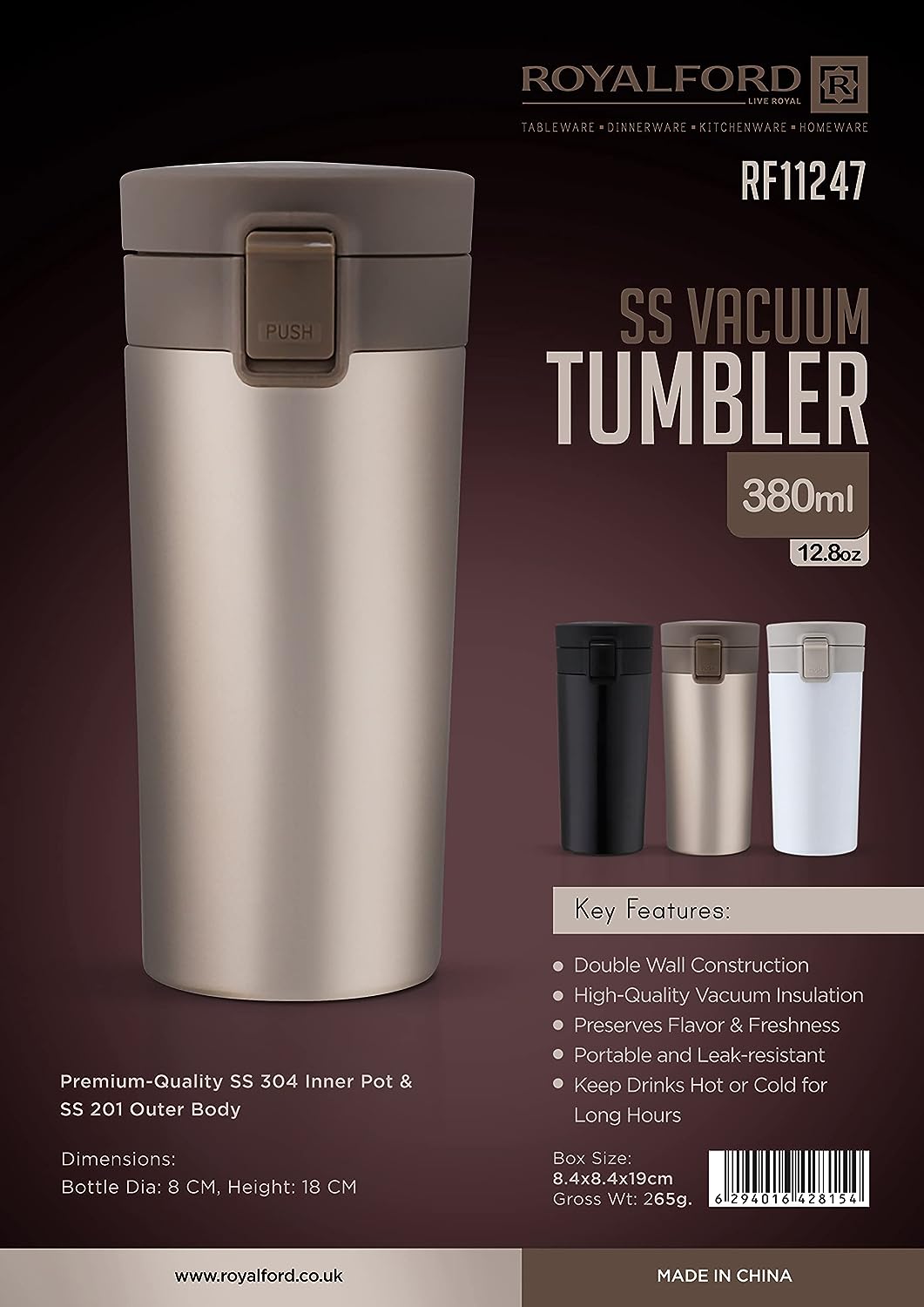 Royalford 380 ml / 12.8Oz Stainless Steel Vacuum Tumbler- Rf11247 Portable, Leak-Resistant And Light-Weight Suitable For Indoor And Outdoor Use Brown