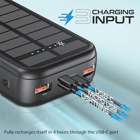 Promate Solar Power Bank, Portable 20000mAh Battery Charger with Built-in 5V/2.1A USB-C and Lightning Cables, 20W USB-C Power Delivery and Dual QC 3.0 Ports for iPhone 13, Galaxy S22, SolarTank-20PDCi