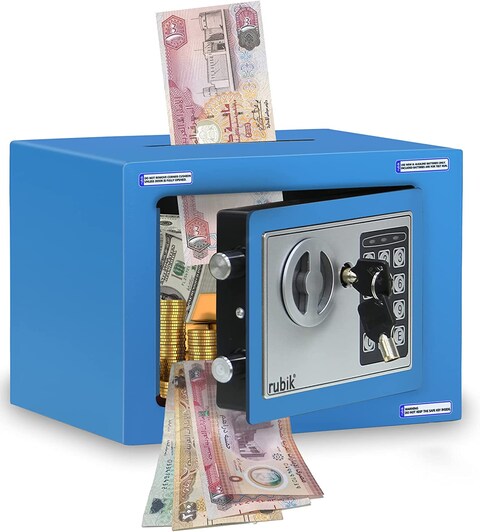 Rubik Mini Cash Deposit Drop Slot Safe Box With Key And Pin Code Option, Blue