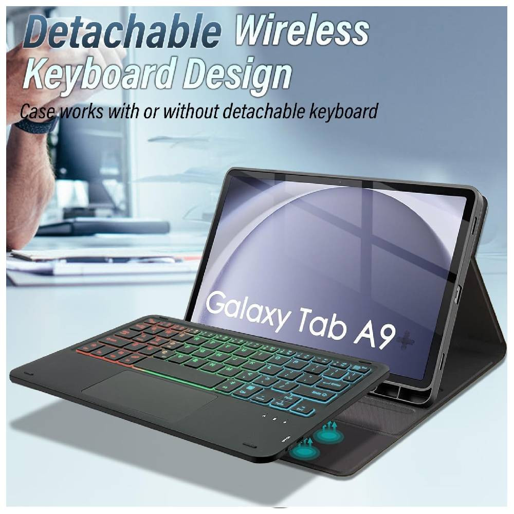 Touch Case with Keyboard for Samsung Galaxy Tab A9 2023, Arabic and English - Multi-Touch Trackpad -Detachable Wireless-Pen Holder Tablet Keyboard Case for Samsung Tab A9 8.7&quot; Black