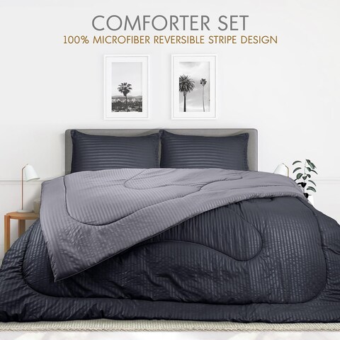 Hotel Linen Klub Reversible Down Alternative Comforter Set, Ultra Soft Brushed Stripe Microfiber Fabric, 200GSM Soft Fibersheet Filling, Size: Single 160 x 200cm, Charcoal &amp; Lt. Grey