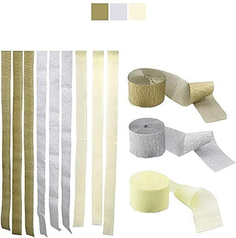 Party Time 3 Rolls Crepe Paper Streamers Backdrop, 3 Colors, for Various Christmas Party Wedding, Proposal, Bridal Shower Festival Birthday Party Decorations (Gold, Silver and White)