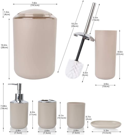 Bathroom Accessories Set 6 Piece Bath Ensemble with Smooth Surface Includes Soap Dispenser, Toothbrush Holder, Toothbrush Cup, Soap Dish for Decorative Countertop and Housewarming Gift, Beige