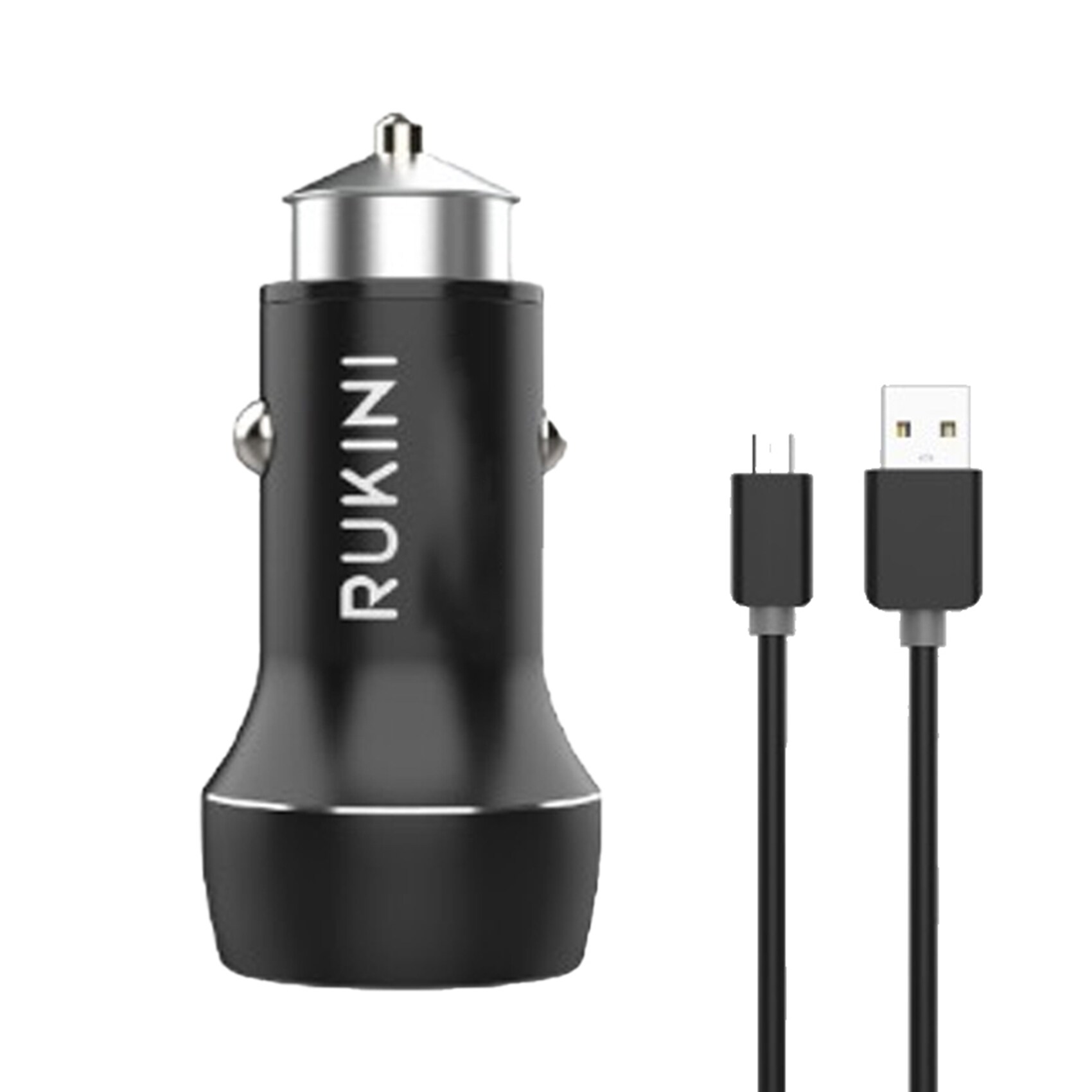 Rukini dual USB car charger 24W + micro USB cable 1M, Black/Silver