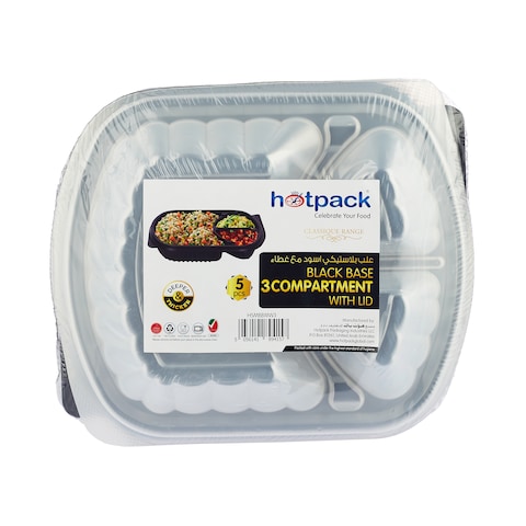 Hotpack Black Base 3 Compartment with Lid, 5 Pieces
