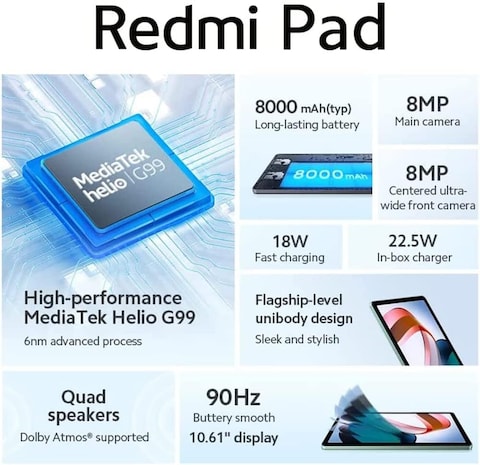 Xiaomi Redmi Pad, 6GB RAM, 128GB, Mint Green (90Hz 10.61 Inch 2K Display, High-Performance MediaTek Helio G99, 8000mAh Battery With 18W Fast Charging)