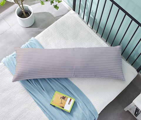 KLUB LINEN Long Body Pillow 1pc, Fabric: 100% Polyester 85 GSM Microfiber 1 cm Stripe Super Soft, Filling: 1300 gm Hollow Fiber Comfort, Breathable &amp; Ultra Soft Size: 45 x 120 cm, Color: Light Grey