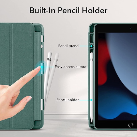 ESR Case Compatible With iPad 9/8/7 (10.2-Inch, 2021/2020/2019), iPad Case With Pencil Holder, Trifold Stand, Auto Sleep/Wake, Rebound Series, Green