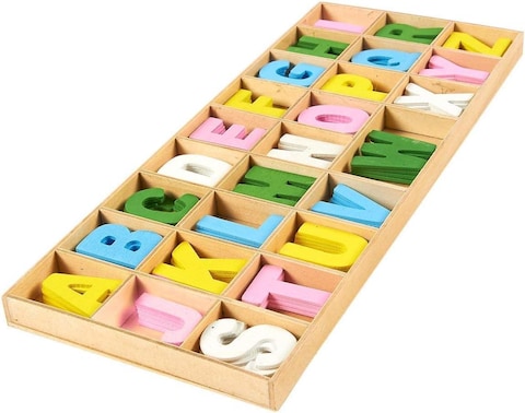 Creative Wooden Craft Letters with Wood Storage Tray Set,Natural Blank Unfinished Wooden Alphabet Letters for Kids Learning Gift,Home Decoration ( Multicolour)