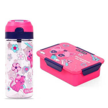 Eazy Kids Lunch Box Set and Tritan Water Bottle w/ Spray, Cat  - Pink, 420ml