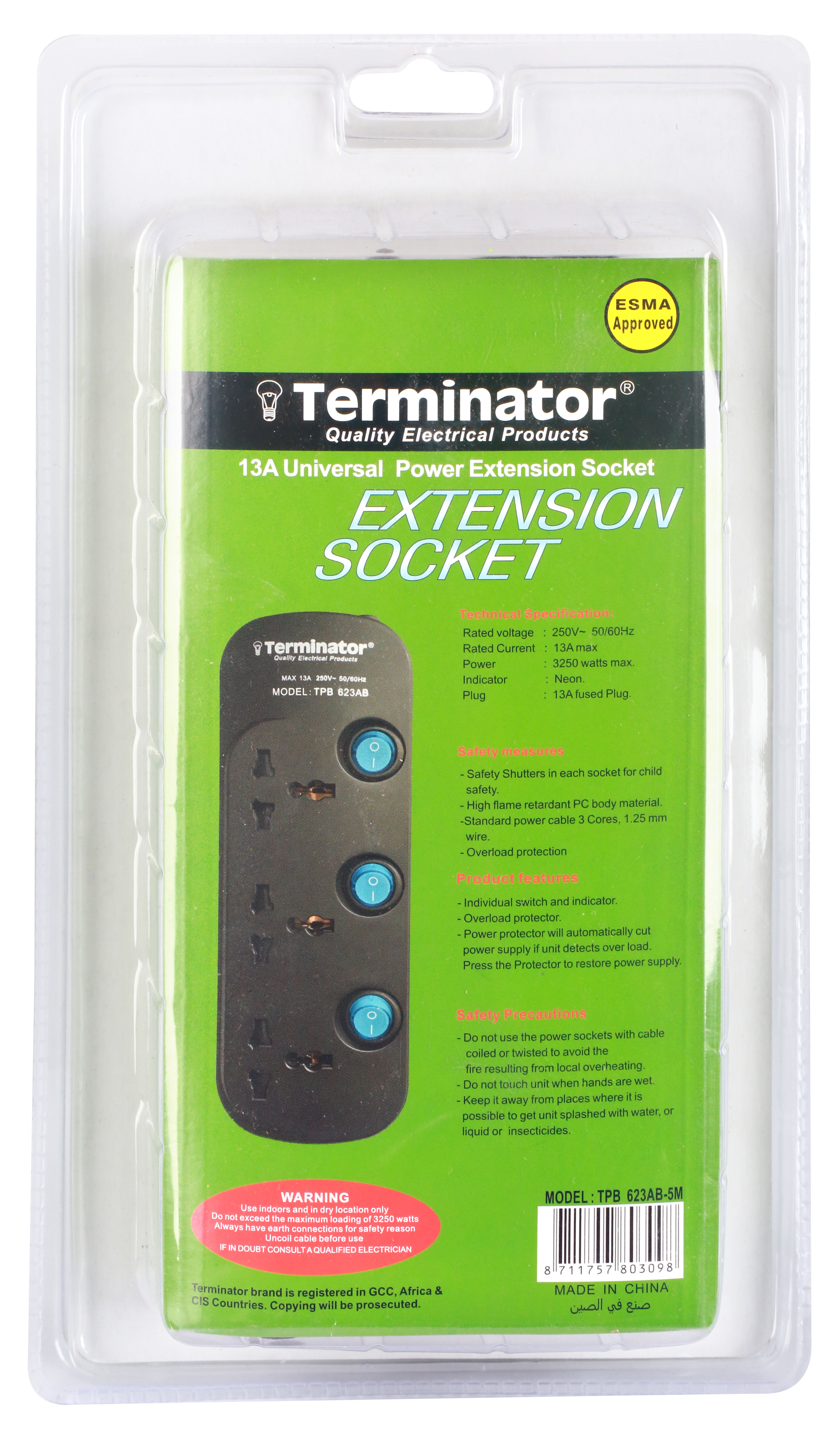 Terminator Brand Universal Power Extension Socket - 3 way 5M