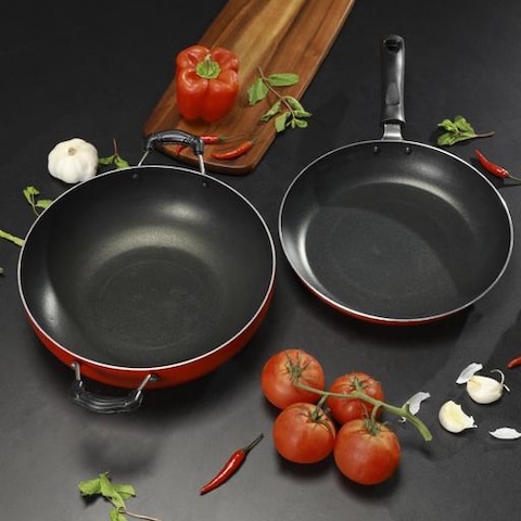 Non-Stick Cookware 2pcs, 2-in-1 Combo Value Pack, DC1912   Aluminium Deep Kadai &amp; Fry Pan   Durable 3-Layer Construction   Cool Touch Handles   Multiple Hob Types