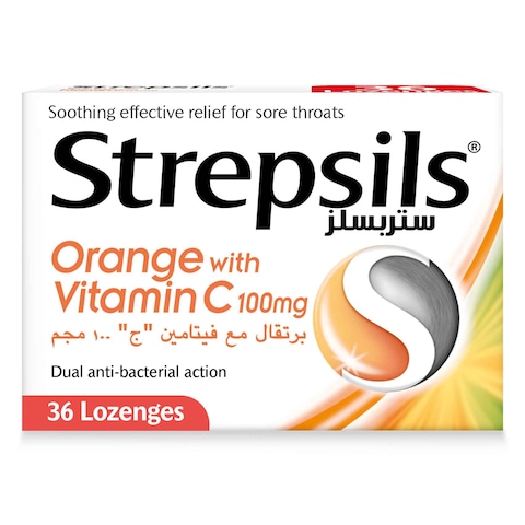 Strepsils Orange with Vitamin C Dual Anti-Bacterial Action Fast Effective Relief from Sore Throats 36 Lozenges