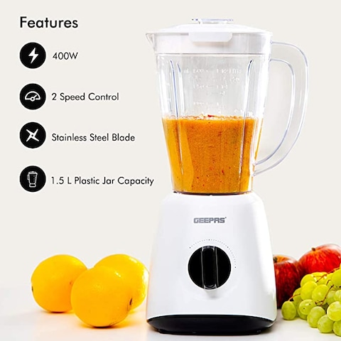 Geepas Gsb44027 500W 2 In 1 Multifunctional Blender | Stainless Steel Blades, 2 Speed Control With Pulse | 1.5L Jar, Interlock Protection| Ice Crusher, Chopper, Coffee Grinder &amp; Smoothie Maker