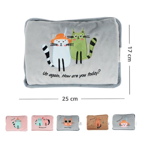 Biggdesign Cats Greeting Cat Electric Hot Water Bottle with Soft Cover, Rechargable Hot Water Bag for Pain Relief, Ideal for Menstrual Cramps, Waterproof, Intelligent Temperature Control