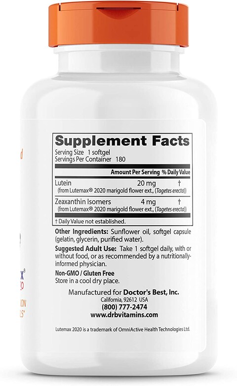 Doctor&#39;s Best Lutein Featuring Lutemax, Non-Gmo, Gluten Free, Eye Health, 20 mg, 180 Softgels