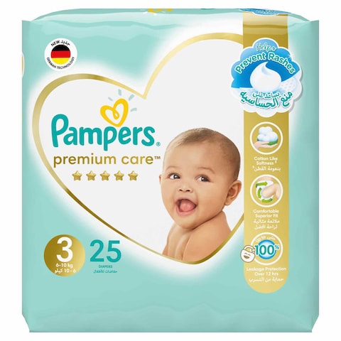 Pampers Premium Care Taped Diapers, Size 3, 6-10 kg, Mid Pack, 25 Diapers&nbsp;&nbsp;