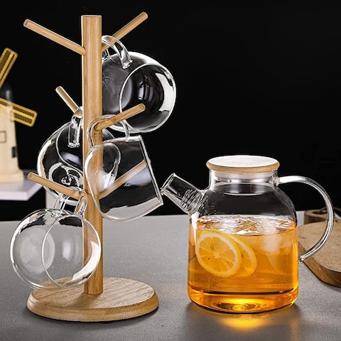 Glass Water Pitcher with Bamboo Lid,Borosilicate Glass Teapot for Hot/Cold Water，Glass Water Kettle Drinkware Jugs Carafes for Tea Tea Coffee Juice，Stovetop & Fridge Safe (1600ml/56 oz)