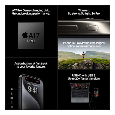 أبل آيفون 15 برو هاتف ذكي بمساحة ذاكرة 1 تيرابايت يدعم الإتصال بشبكة 5G LTE - تيتانيوم أبيض