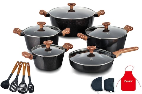 Dessini 17-Piece Non Stick Granite Cookware Set 20/24/28/32cm Casserole, 28cm Shallow Casserole - PFOA Free