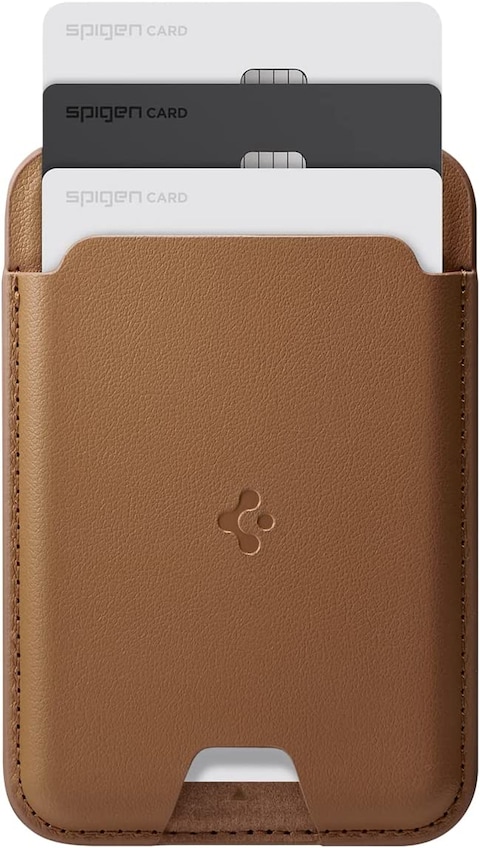 Spigen Valentinus (MagFit) Magnetic Wallet Card Holder [3-Cards] designed for MagSafe Compatible with iPhone 14 iPhone 13 and iPhone 12 Models - Brown