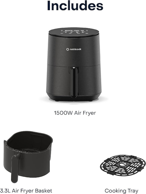 Nutricook Air Fryer Mini, 1500 Watts, Digital Display, Tempered Glass Control Panel, 8 Preset Programs with built-in Preheat function, 3.3 Liters NC-AFM033K, Black