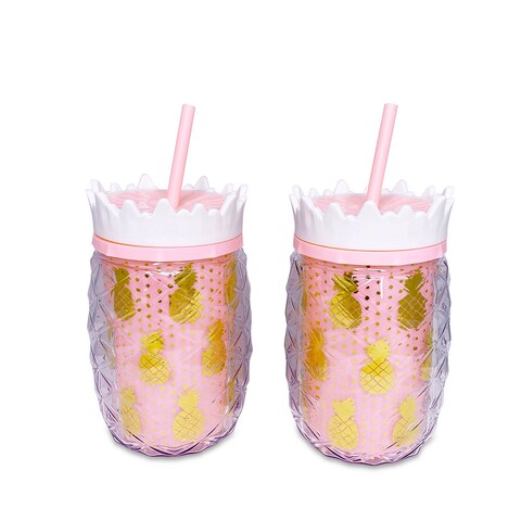 2-Piece Pineapple-Shaped Drinkware Tumbler for Cold Beverages with Reusable Straw Light Pink 450ml each