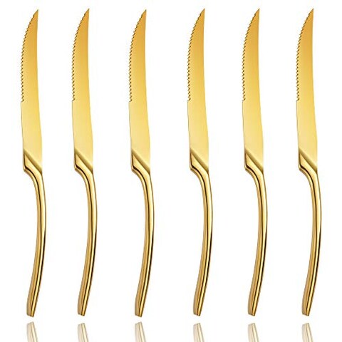 Lemeya 6 Pieces Steak Knives Set of 6,Stainless Steel Standing Steak Knife,Ultra-Sharp Serrated Steak Knives-10 Inch,Mirror Polished,Dishwasher Safe(6, Gold)