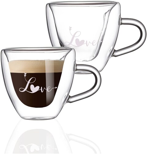 1CHASE&reg; Heart Shaped Double Wall &quot;Love&quot; Printed Glass Mug with Handle for Juice Wine Tea Coffee, Breakfast Cup Cocktail Mug for everyday use, 180 ML ,2Pcs Set.