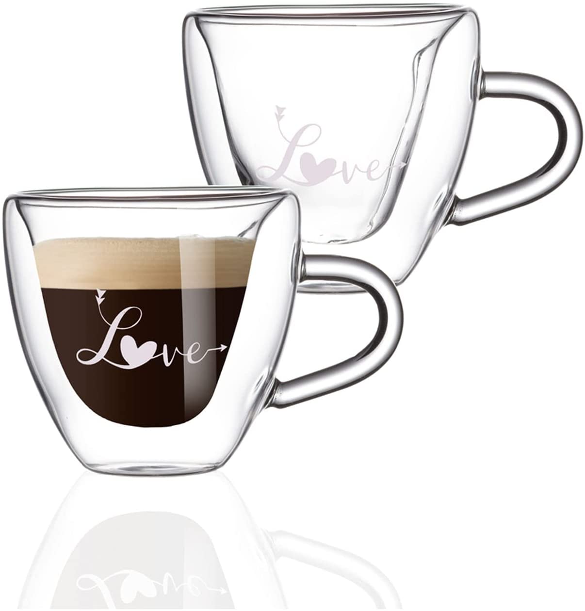 1CHASE&reg; Heart Shaped Double Wall &quot;Love&quot; Printed Glass Mug with Handle for Juice Wine Tea Coffee, Breakfast Cup Cocktail Mug for everyday use, 180 ML ,2Pcs Set.