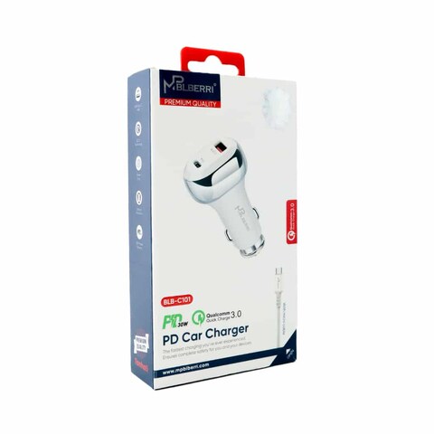 mpBLBERRI BLB-C101 30W PD Car Charger, USB-C Cable, White