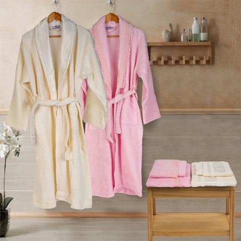 6 Piece Family Bathrobe Set &amp; Towels, Premium Turkish Cotton 2 Bathrobes &amp; 4 Towels in box Matching Couple set (Cream Pink)