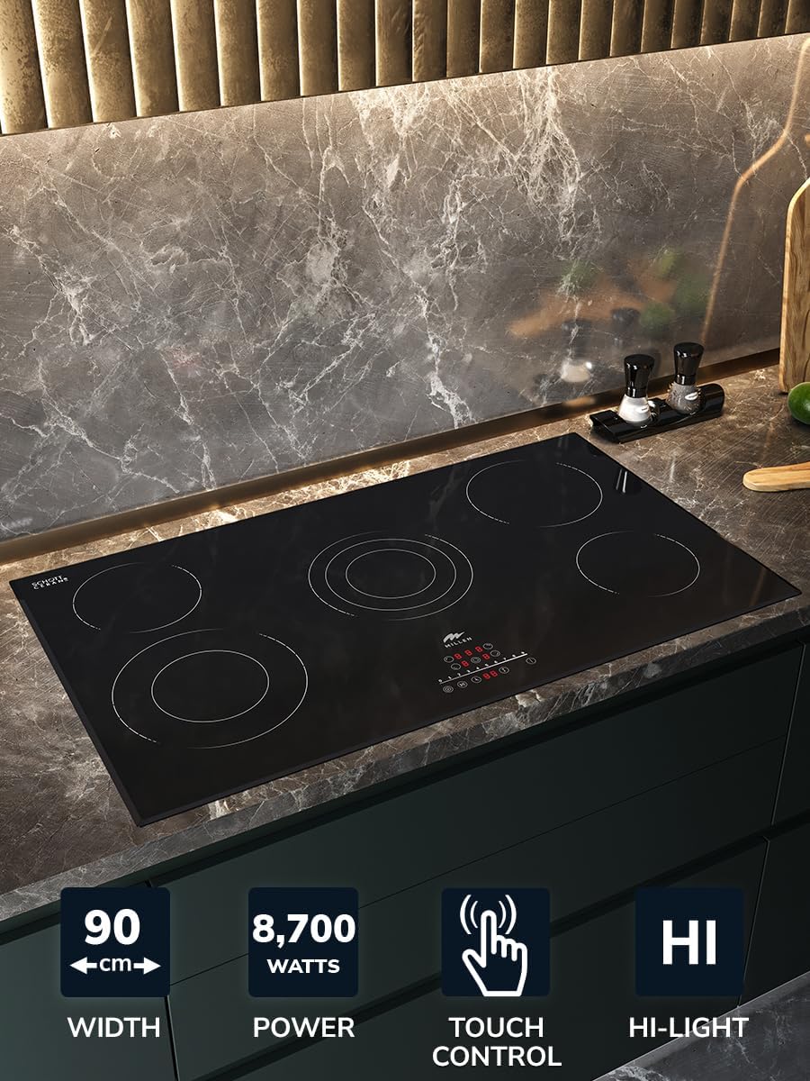 MILLEN 90 cm Built-in Electric Hob 5 Heating Zones - MEH 902 BL, Kanger Glass Ceramic, 8700 Watts, Hi-Light Heating Elements, Touch and Slider Control, 3 Year Warranty