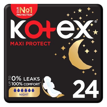 Kotex Maxi Protect Thick Pads, Overnight Protection Sanitary Pads with Wings, 24 Sanitary Pads