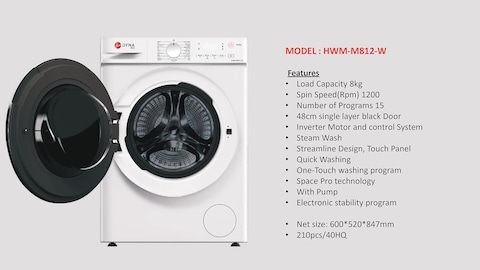 Hoover 8Kg Freestanding Front Load Washing Machine, Inverter Motor, 1200 RPM, 15 Programs, Knob &amp; Touch Control Panel, 1 Year Manufacturer &amp; 10-Year Warranty on Inverter Motor White - HWM-M812-W