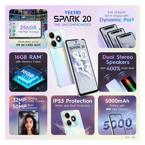 Techno Spark 20 KJ5 4GB RAM 128GB ROM 4G Dual SIM Smartphone 6.6 Inch Cyber White