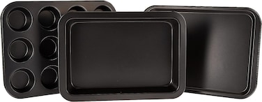 Royalford 3Pcs Non-Stick Bakeware Set - Non-Stick Cookie Sheet / Baking Sheet, 12Pcs Muffin Pan / Cupcake Pan &amp; Roasting Pan, Wide Handle, Bread Dessert Bakeware, Sponge Cake Chocolate For Baking