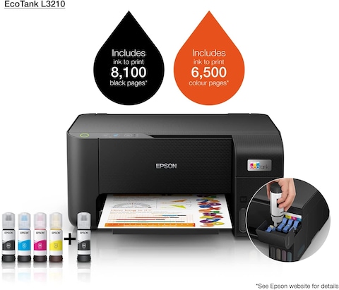 Epson Ecotank L3210 Home Ink Tank Printer A4, Colour, 3 In 1 Printer, Black, Compact