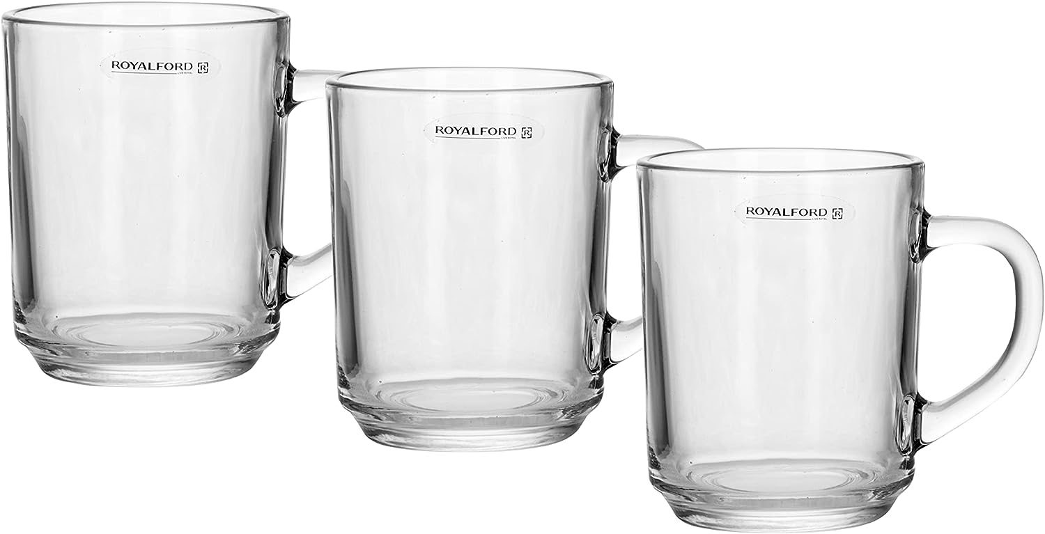Royalford 210ml 3 Pcs Glass Mug With Handle - Large Coffee Mug, Durable, Safe & Lightweight Material, Thick Wall, Lead Free, Dishwasher Safe, Ideal For Hot & Cold Drinks, Rf9971