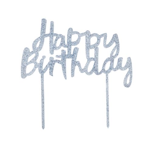 Silver Glitter &#39;Happy Birthday&#39; Acrylic Cake Topper
